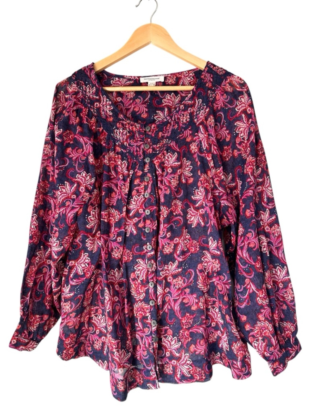 beachlunchlounge Navy and Pink Floral Button-Up Peasant Blouse, Large